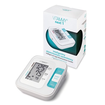 Tensiometru electronic de brat VITAMMY Next 1, mufa USB, detectie miscarea corpului, memorare 2 utilizatori, manseta 22-40 cm, Alb Tensiometru electronic de brat VITAMMY Next 1, mufa USB, detectie miscarea corpului, memorare 2 utilizatori, manseta 22-40 cm, Alb