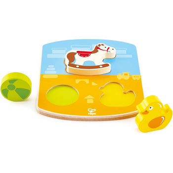 Puzzle, Hape, din lemn, cu 3 piese, pentru dezvoltarea dexteritatii si a coordonarii mana ochi, pentru copiii peste un an Puzzle, Hape, din lemn, cu 3 piese, pentru dezvoltarea dexteritatii si a coordonarii mana ochi, pentru copiii peste un an