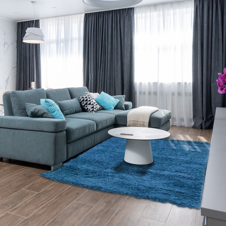 Covor modern cu fir lung Shaggy 1800, 200x300cm, 100% soft polipropilena, gramaj 1700g/mp, inaltime fir 3 cm, tip uni, culoare albastru/blue