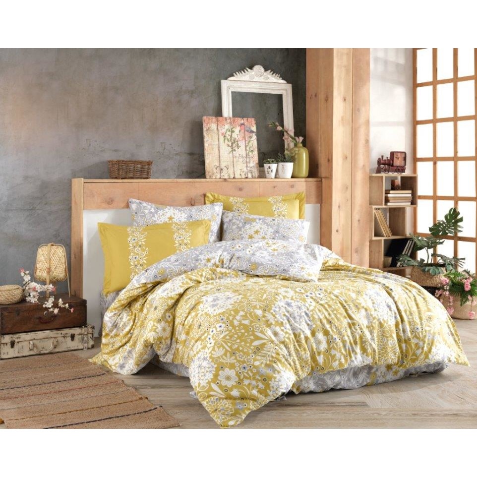 Lenjerie de pat bumbac Hobby Angelica Yellow, pentru pat dublu, 4 piese, 200x220 / 50x70, 100% bumbac poplin