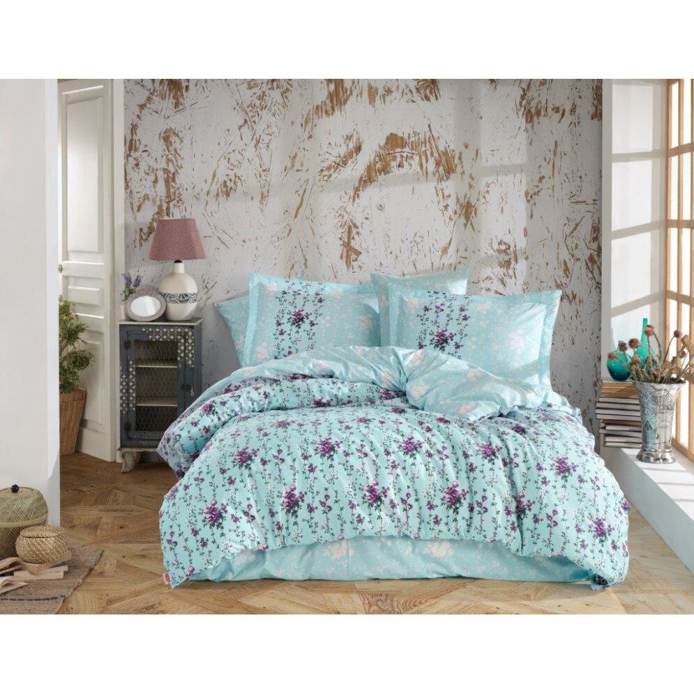 Lenjerie de pat bumbac Hobby Claudia Turqoaz, pentru pat dublu, 4 piese, 200x220 / 50x70, 100% bumbac poplin