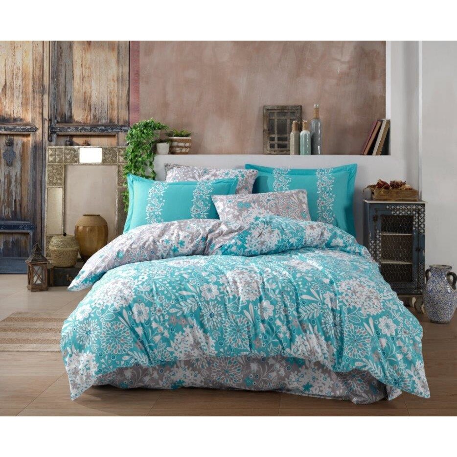 Lenjerie de pat bumbac Hobby Angelica Turqoaz, pentru pat dublu, 4 piese, 200x220 / 50x70, 100% bumbac poplin