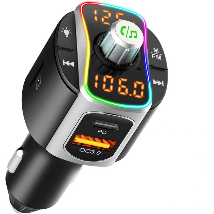 LET Bluetooth 5.0 FM Modulátor, Adó, QC 3.0, Gyorstöltő, PD 3.0, Kihangosító, Autós MP3-lejátszó, Micro SD