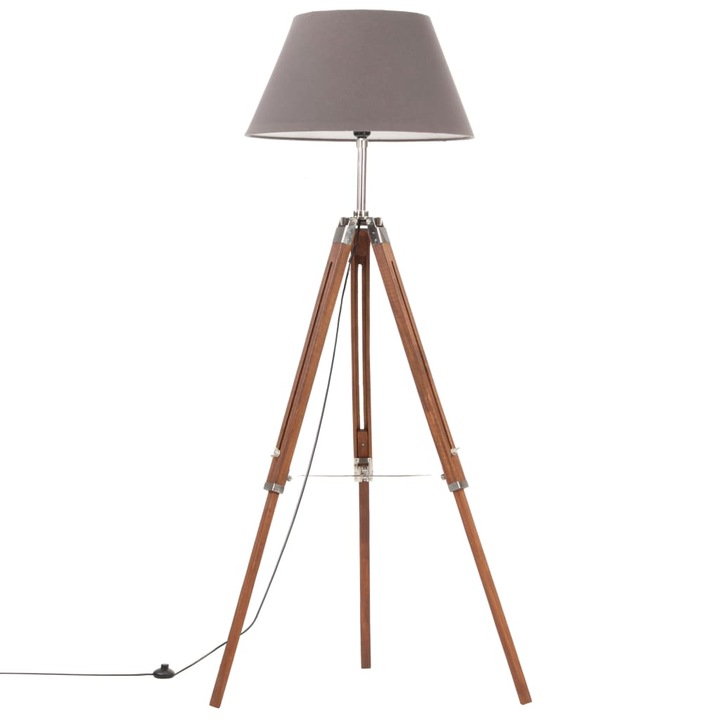Lampadar trepied, vidaXL, Lemn de tec,25 W, E27, 64 x 59 x (100-141) cm, Maro miere/Gri