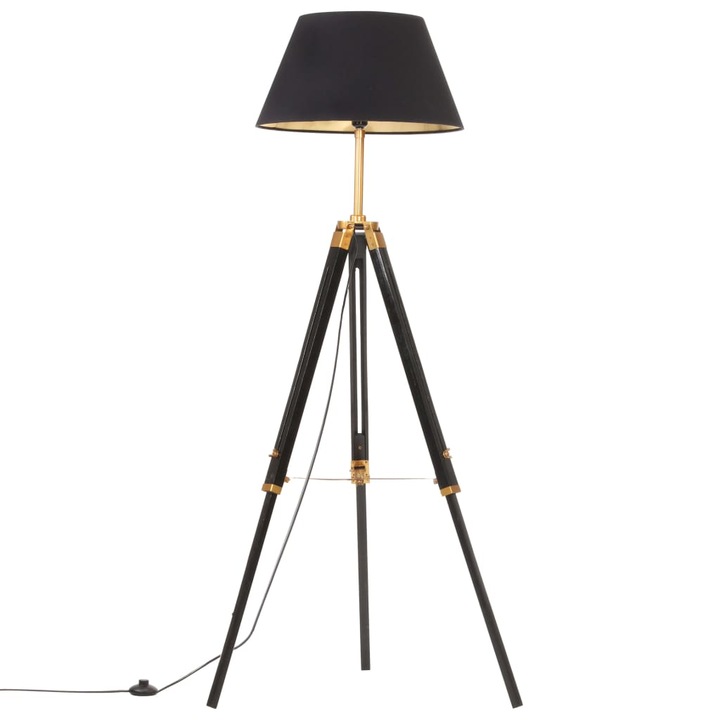Lampadar trepied, vidaXL, Lemn de tec,25 W, E27, 64 x 59 x (100-141) cm, Negru/Auriu