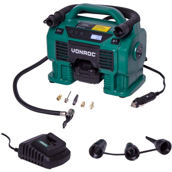Компресор VONROC S_CR503DC, С 1 батерия 2.0Ah, зарядно, 11 бара, 12 л/мин