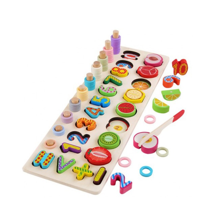 Образователна играчка, Дървен сортер с цифри и магнитно нарязани плодове, Multicolor, Helga Toys®