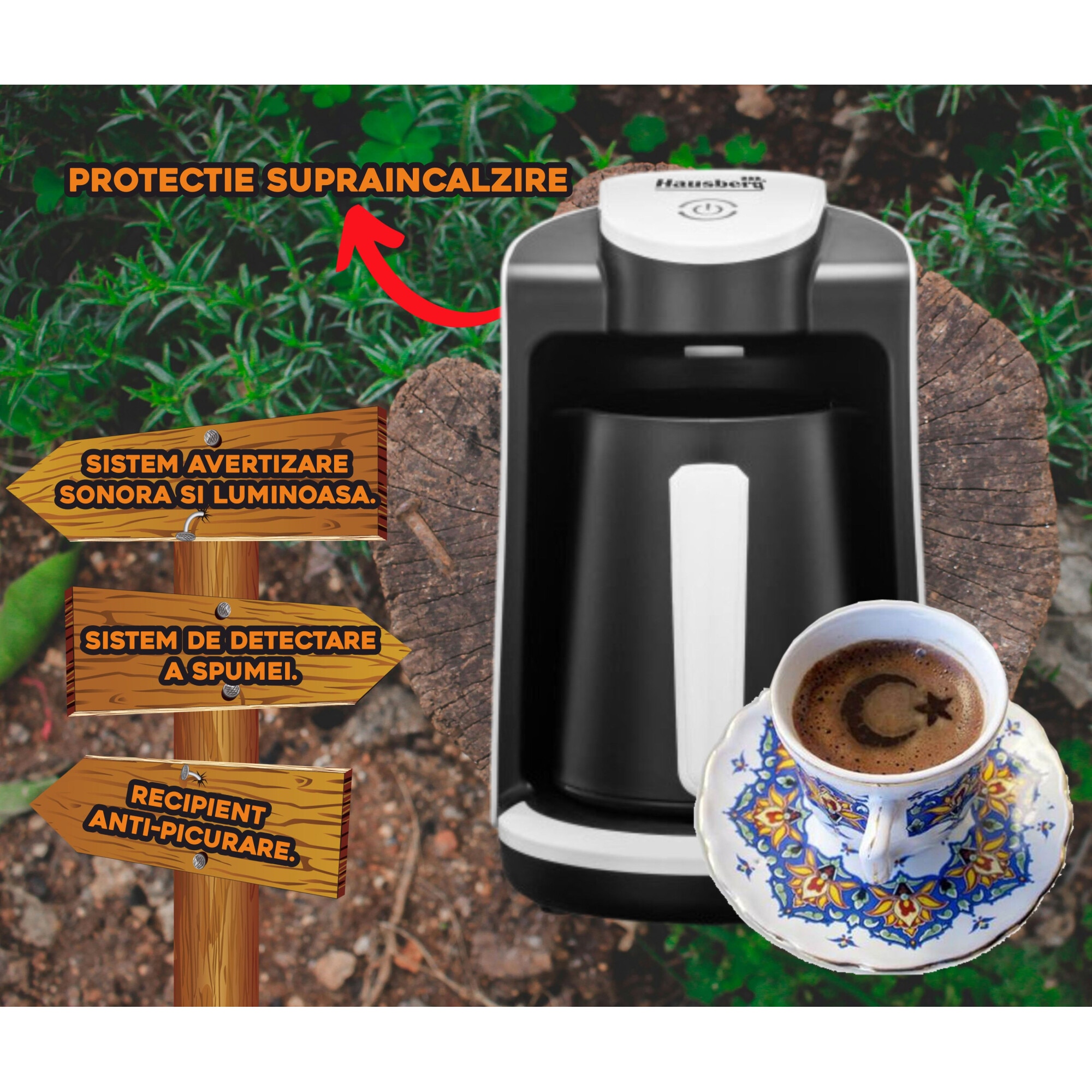 Aparat pentru preparat cafea turceasca Hausberg HB-3800AB, 1 recipient, 400W, avertizare sonora si luminoasa, Alb/Negru