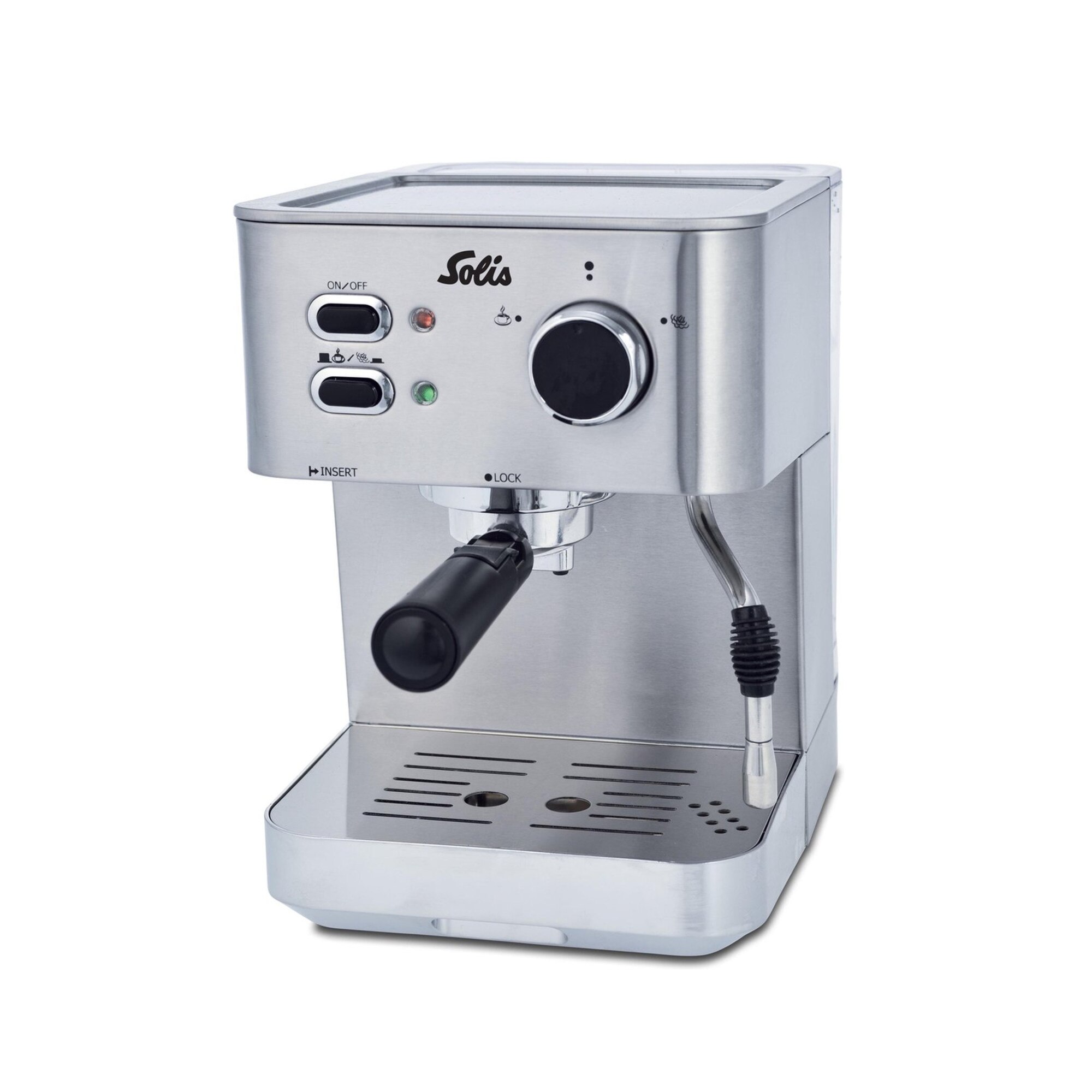 Espressor profesional Solis, Primaroma 1010, cu dispozitiv de spumare a laptelui, capacitate 1.5 L, presiune mare 15 bari, functie de preincalzire a cestilor, 1050W, argintiu