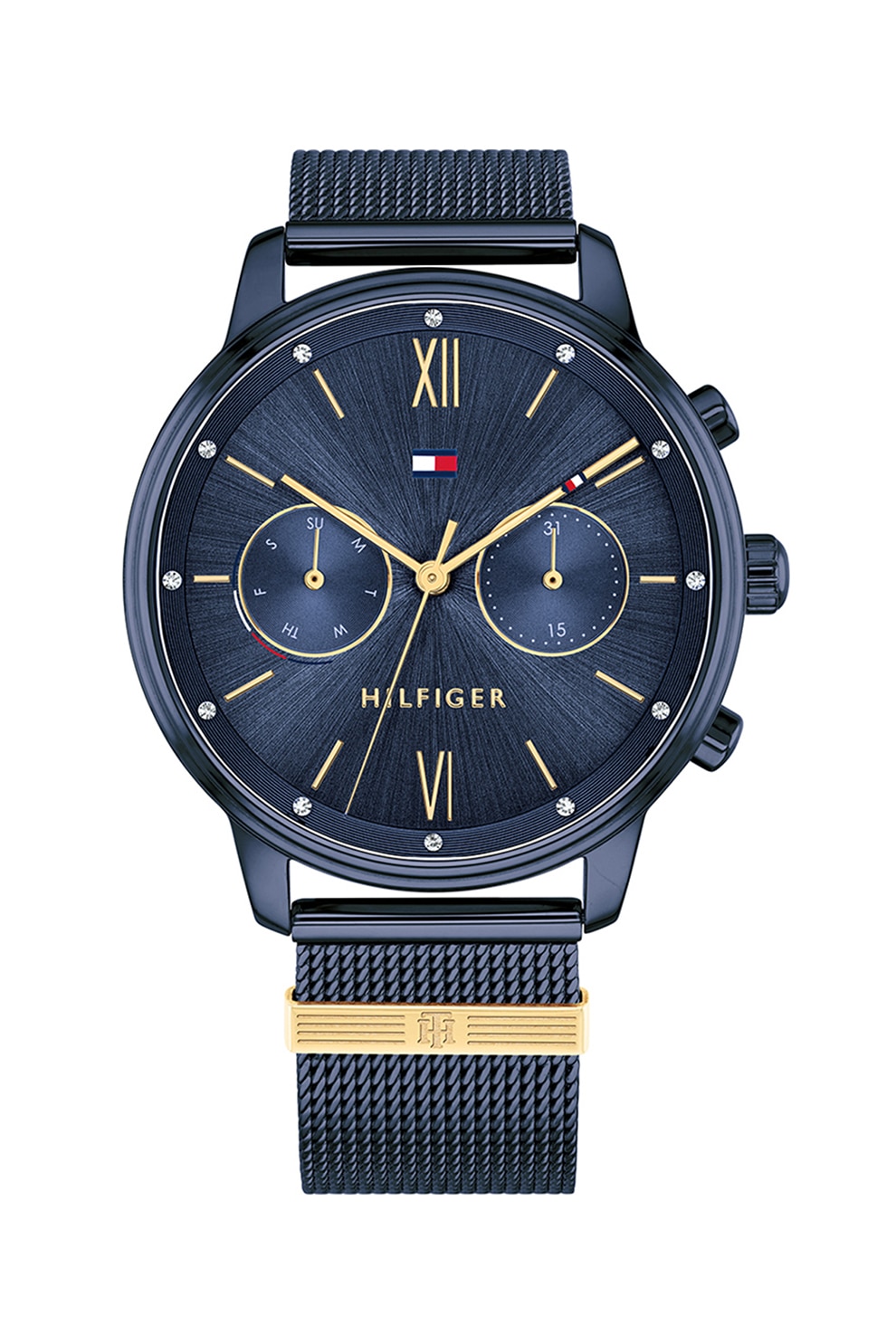 Tommy Hilfiger, Ceas cu functii multiple si bratara cu model plasa, Bleumarin/Auriu