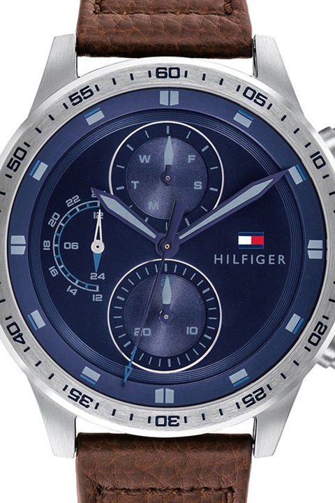Tommy Hilfiger, Ceas cu functii multiple si curea de piele, Maro/Argintiu
