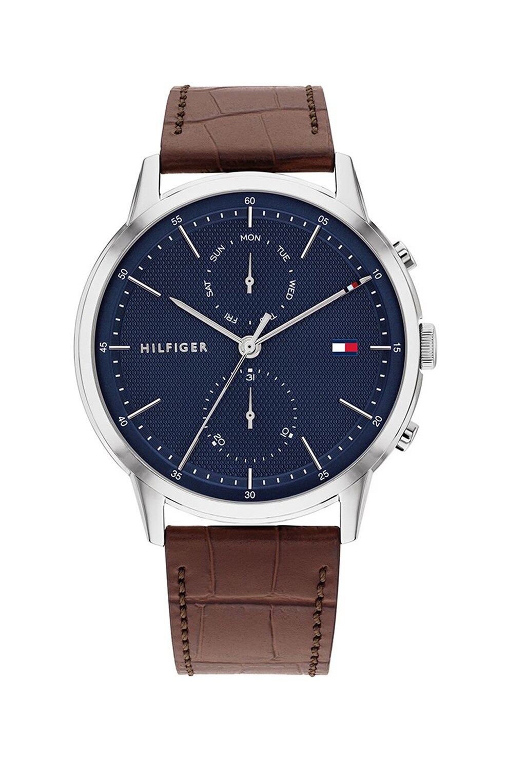 Tommy Hilfiger, Ceas cu functii multiple si curea de piele, Maro/Argintiu