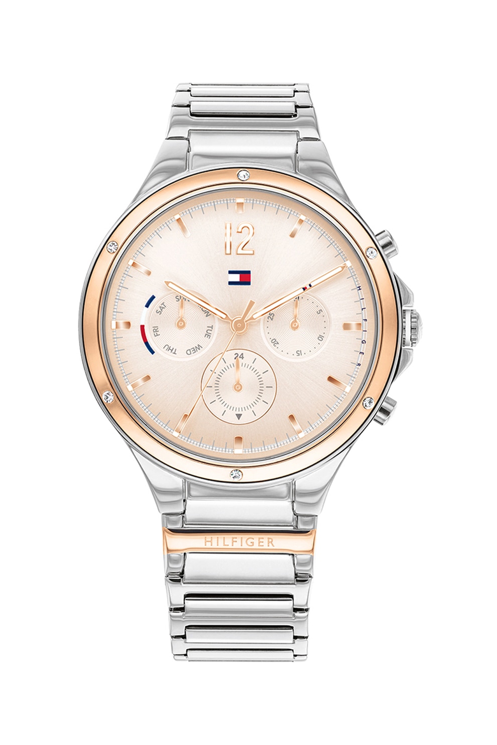 Tommy Hilfiger, Ceas de otel inoxidabil decorat cu cristale, Argintiu/Auriu