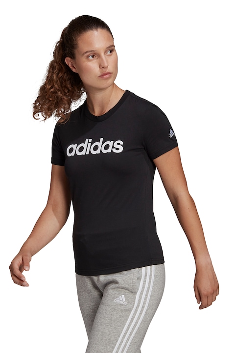 adidas Sportswear, Tricou slim fit cu imprimeu logo Essentials, Alb/Negru