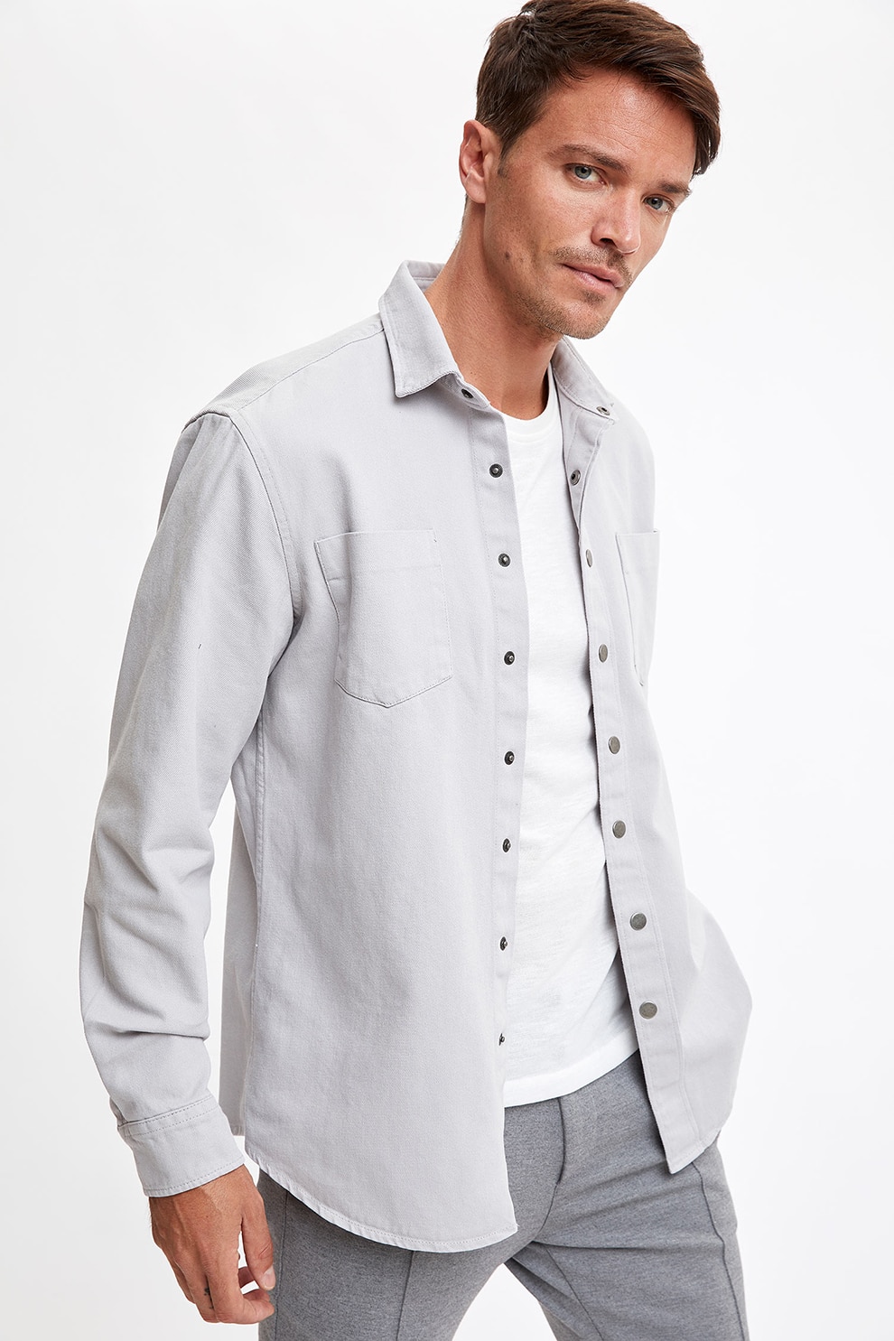DeFacto, Camasa regular fit, Gri deschis