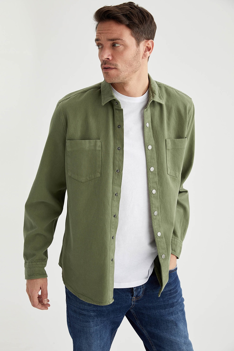 DeFacto, Camasa de bumbac cu capse, Verde sparanghel