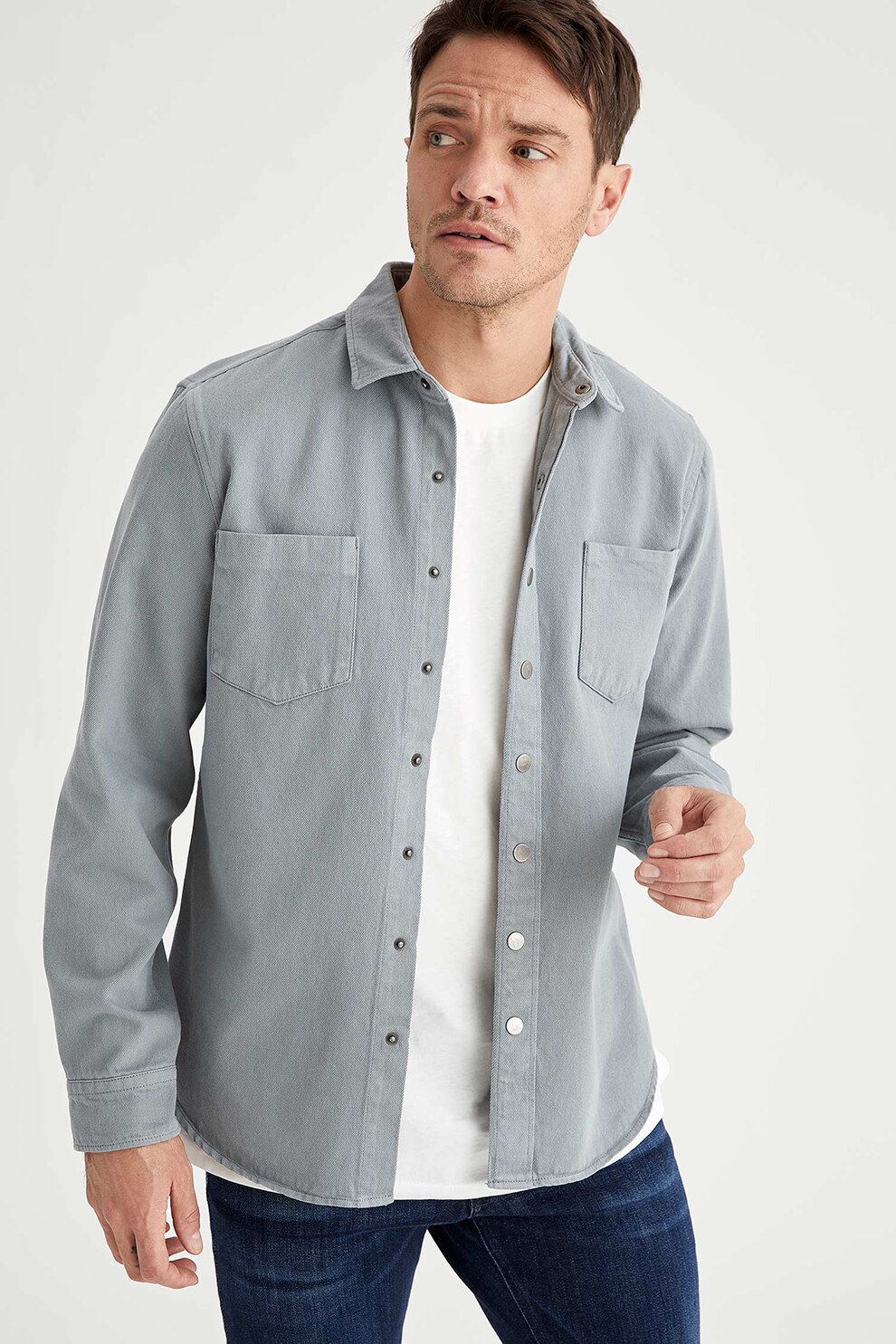 DeFacto, Camasa de bumbac cu capse, Gri