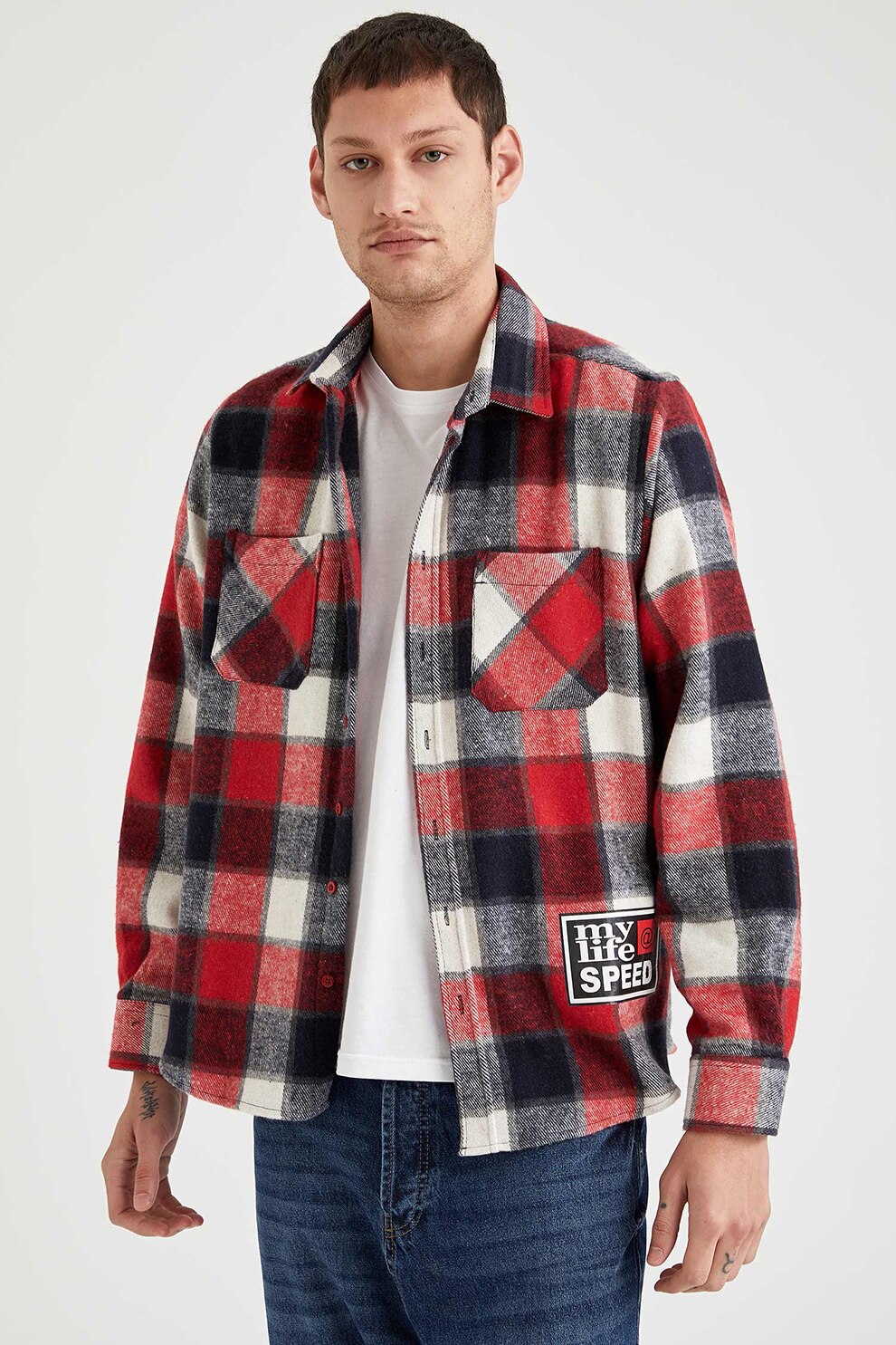 DeFacto, Camasa in carouri cu buzunare pe piept, Rosu/Gri/Alb