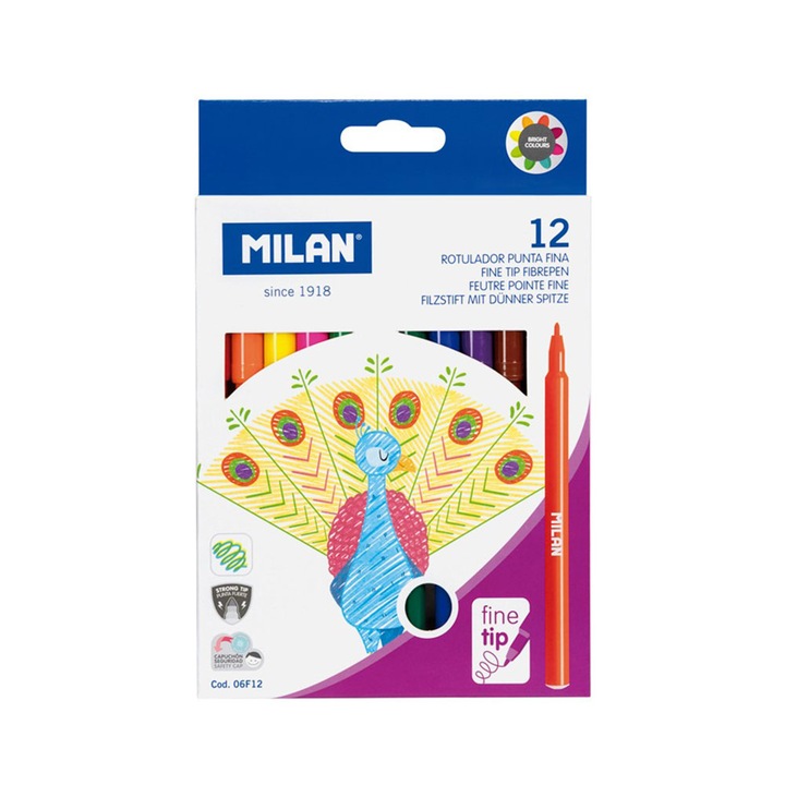 Флумастери MILAN, С тънък връх, 12 цвята
