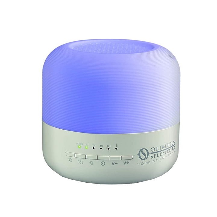 Aromadiffúzor 3 az 1-ben Olimpia Splendid, Astomi Sound, párásító funkcióval és Bluetooth hangszóróval, tartály térfogata 400 ml, kromoterápiás funkció, folyamatos működés 11 óra, 2 emissziós beállítás, kompakt kialakítás, szürke