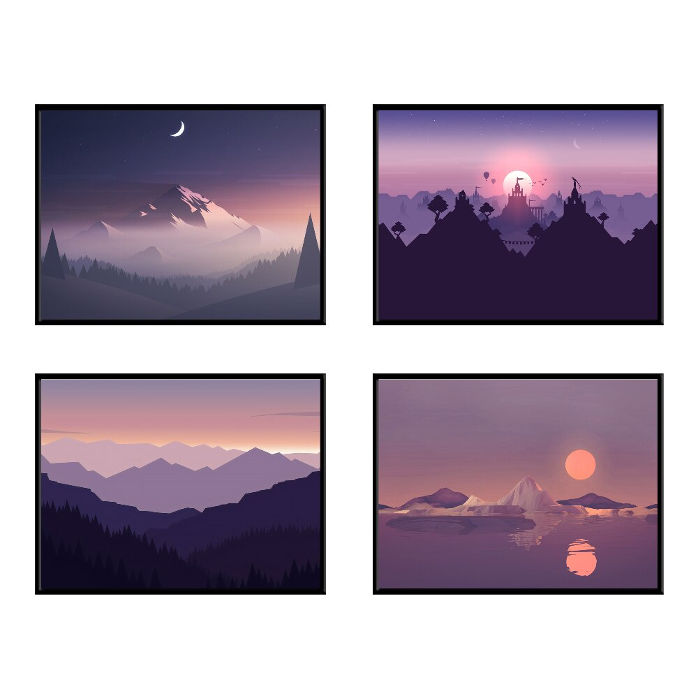 Set de 4 tablouri minimaliste violet, 40x30cm, PVC, rama din lemn