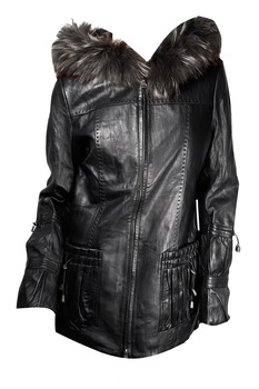 Geaca din piele naturala, dama, negru, cu gluga Geaca din piele naturala, dama, negru, cu gluga