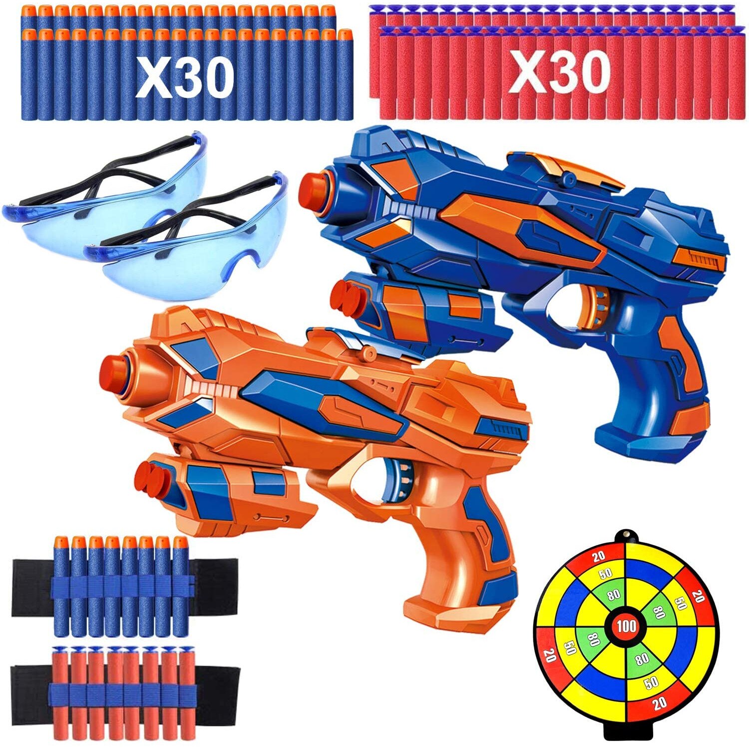 Set de Pistoale Compatibiline cu sagetile Nerf ,60 sageti ,Ochelari de Protectie ,Tinta pentru Copiii de peste +4 ani