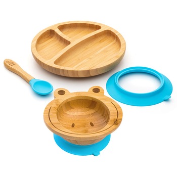 Set diversificare cu bol, farfurie si lingurita din bambus - Dodoli Broscuta & Rotunda, Albastru Set diversificare cu bol, farfurie si lingurita din bambus - Dodoli Broscuta & Rotunda, Albastru