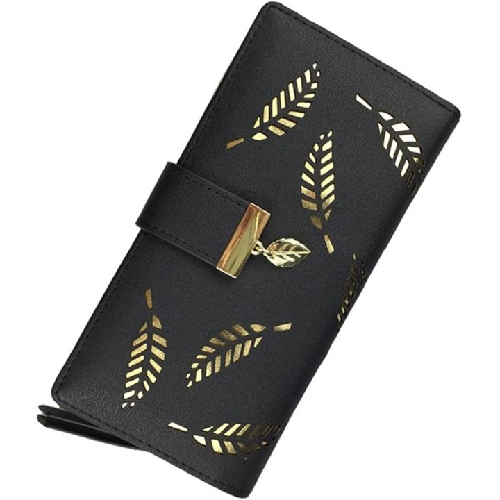 Дамски портфейл, шарка на листа, Еко кожа, 19 см x 9.5 см x 3 см, Златист/Черен