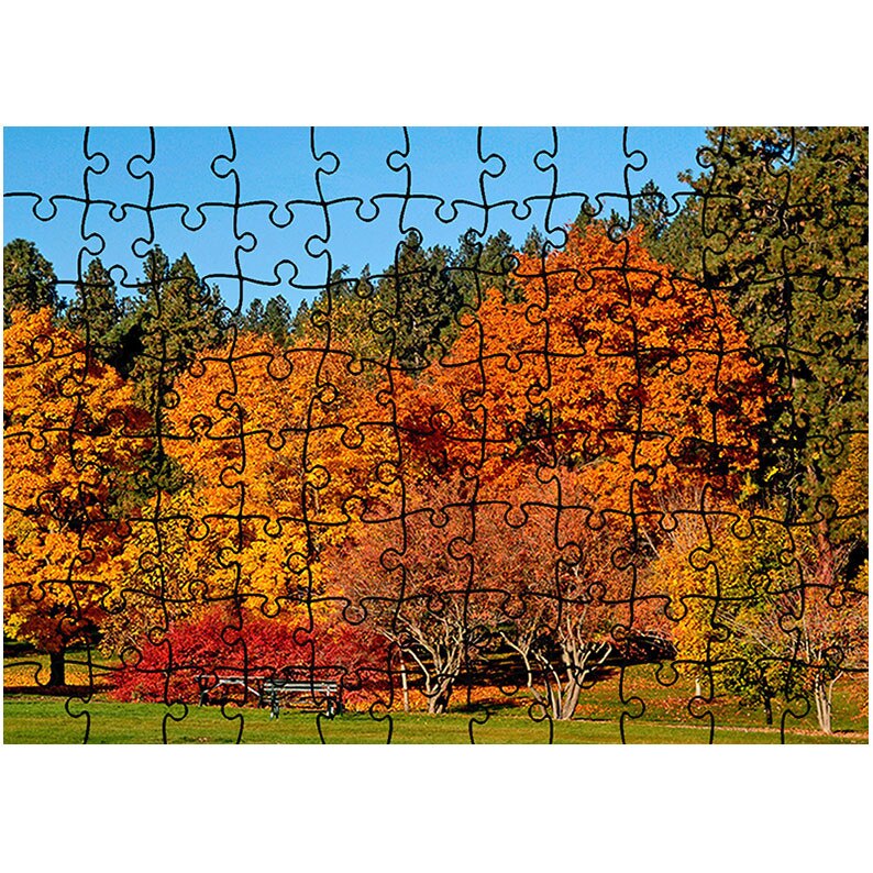 Puzzle Heartwork 96 piese, Bancute sub copacii rosii, toamna, Latime 40,5 cm x Inaltime 28,7 cm