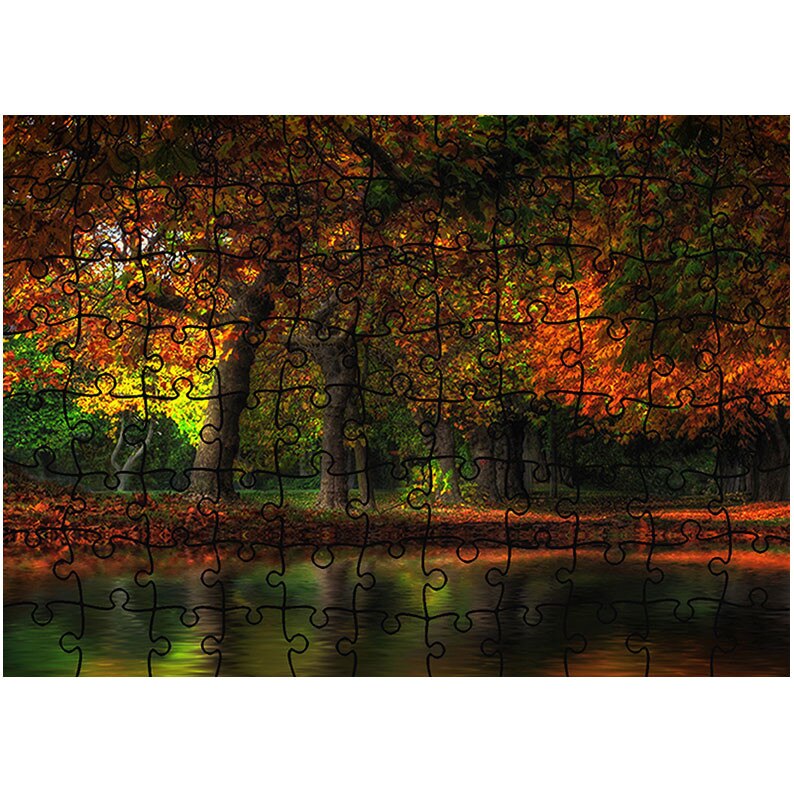 Puzzle Heartwork 96 piese, Rosu si verde in luciul apei, toamna, Latime 40,5 cm x Inaltime 28,7 cm