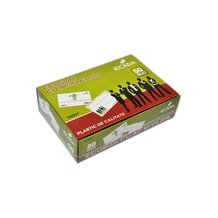 Set 50 Ecusoane cu Clips si Ac de Siguranta Ecada, 90x57 mm, Dimensiune Hartie 89x55 mm, Plastic