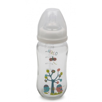 Biberon din sticla cu gat larg 240ml Cangaroo Hello Biberon din sticla cu gat larg 240ml Cangaroo Hello
