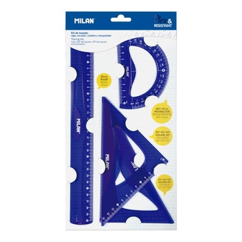 Set Geometrie 4 Buc Milan, Liniar 30 cm, Echer 13 si 17 cm, Raportor 10 cm, Plastic Flexibil, Albastru Set Geometrie 4 Buc Milan, Liniar 30 cm, Echer 13 si 17 cm, Raportor 10 cm, Plastic Flexibil, Albastru
