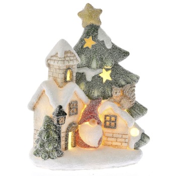 Decoratiune Craciun, casuta din ceramica, ninsa, cu led, alb/verde, 24 x 14 x 30 CM Decoratiune Craciun, casuta din ceramica, ninsa, cu led, alb/verde, 24 x 14 x 30 CM