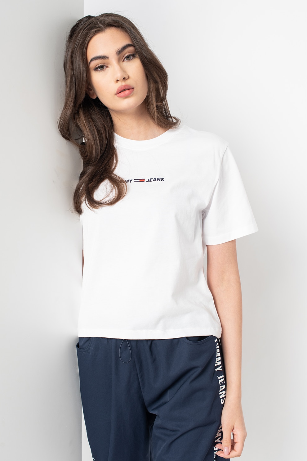 Tommy Jeans, Tricou din bumbac organic cu logo brodat DW0DW10057, Alb optic/Negru