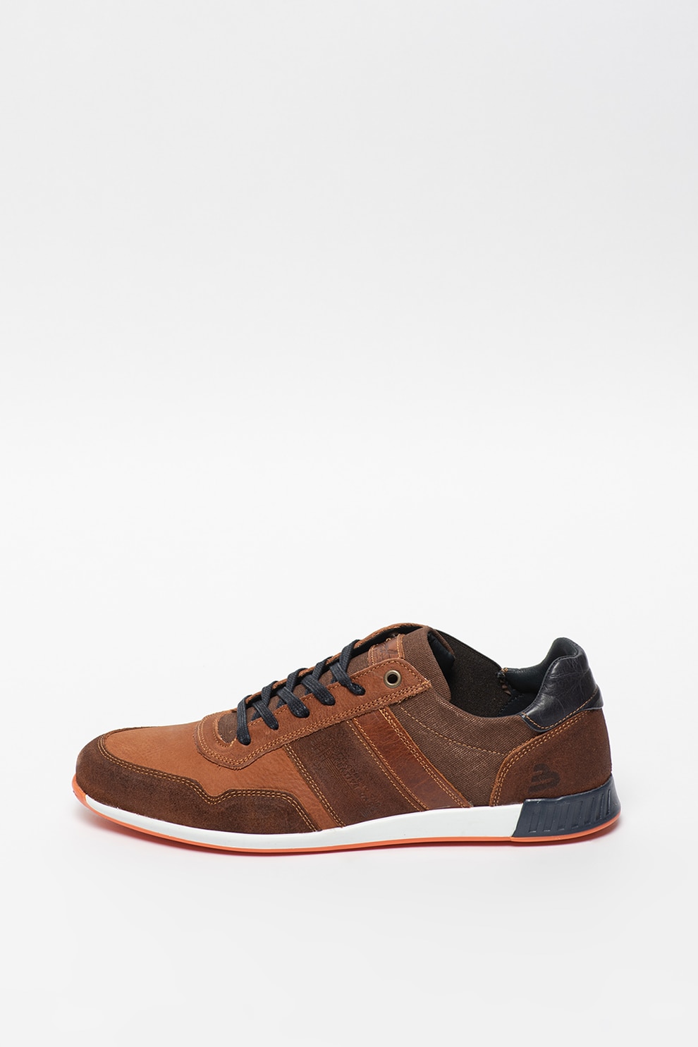 Bullboxer, Pantofi sport din piele cu insertii din panza, Maro/Bleumarin, 44