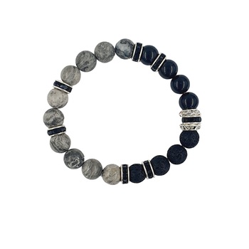 Bratara handmade din piatra vulcanica, jadeit si jasp, 8 mm, Negru/Argintiu Bratara handmade din piatra vulcanica, jadeit si jasp, 8 mm, Negru/Argintiu