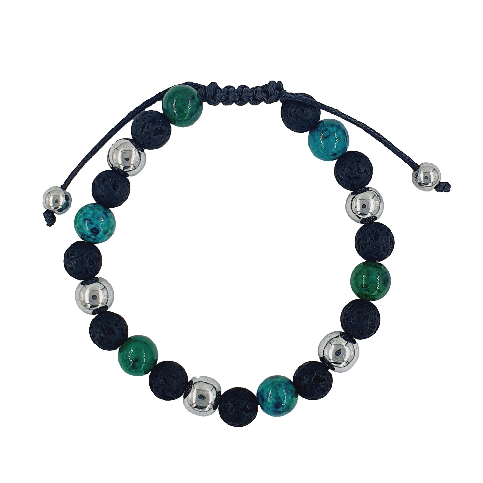 Bratara handmade din crisocol, piatra vulcanica si hematit, Snur reglabil, 8 mm, Verde/Argintiu