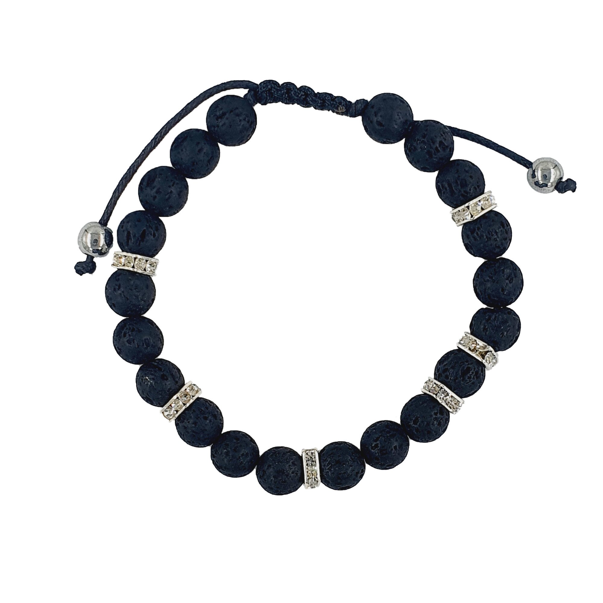 Bratara handmade din piatra vulcanica si hematit, Snur reglabil, 8 mm, Negru
