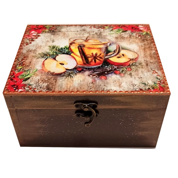 Cufar din lemn, pentru ceaiuri, personalizabil cu mesaj, decorat manual cu tema vintage, 20/15/7 cm, personalizabil, Mixartstudiobym