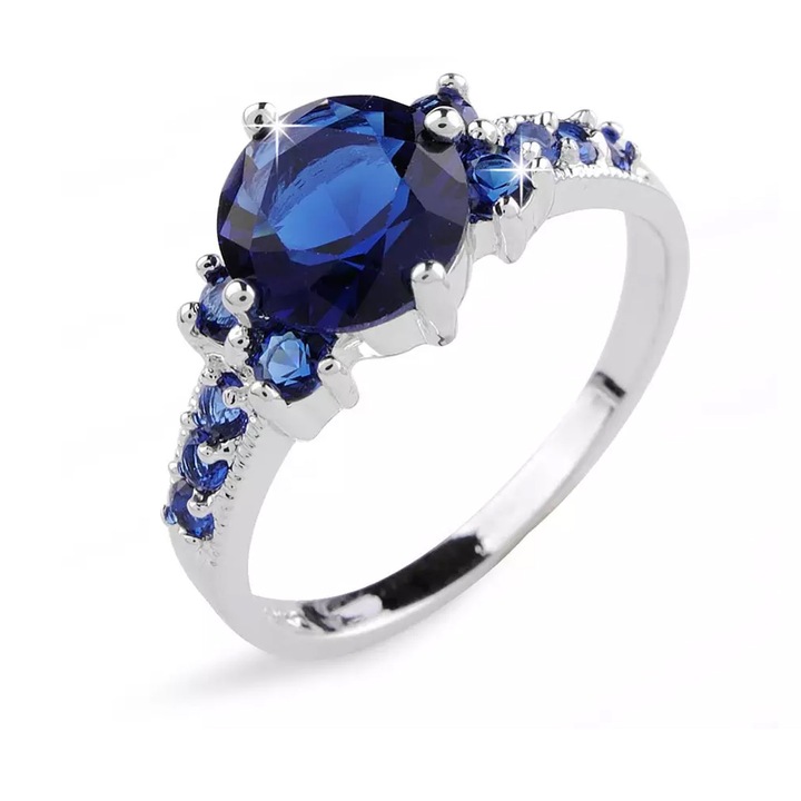 Inel de dama, Clear Crystal, Placat cu aur de 10K, Argintiu/Albastru, 19mm