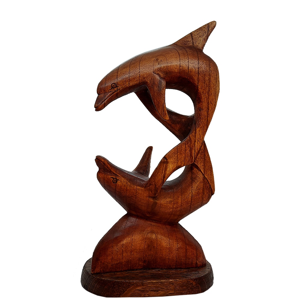 Statueta ArtDeco Delfini lucrata manual din lemn exotic, dimensiuni 33cm inaltime x 18 cm latime