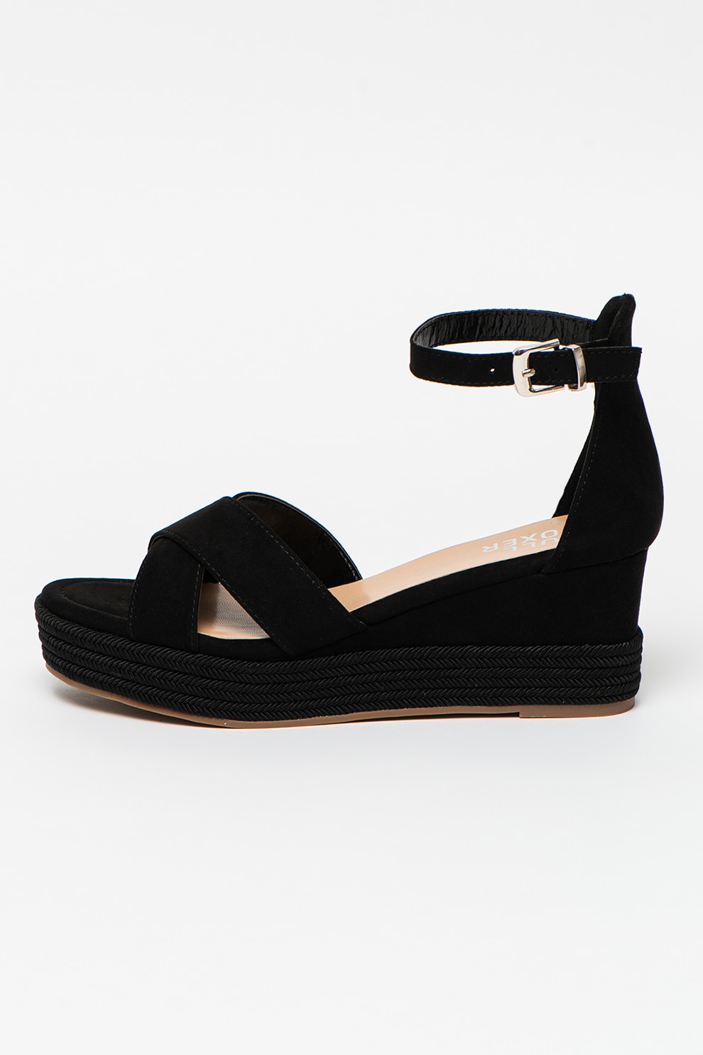 Bullboxer, Sandale tip espadrile cu talpa wedge si barete incrucisate, Negru