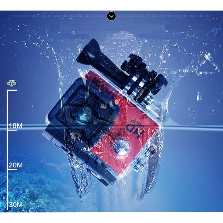 Camera video sport, cu accesorii de prindere pentru bicicleta, casca si husa subacvatica