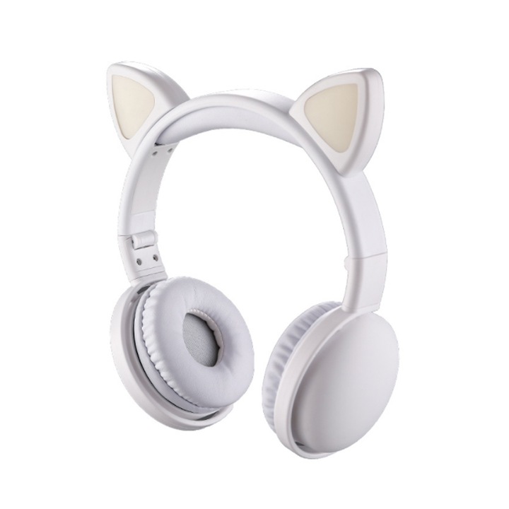 Vezeték nélküli audio fejhallgató, macskafül, LED világítás, Bluetooth 5.0, sztereó, fehér