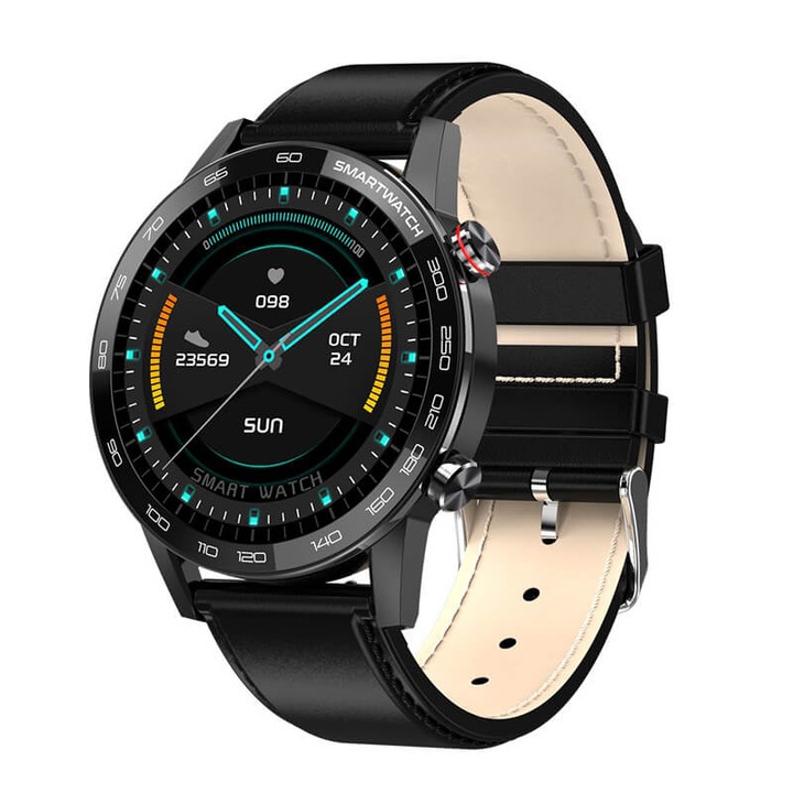 Смарт часовник Microwear L16, Тъчскрийн, Водоустойчив, Пулс, Крачкомер, Кръвно налягане, Кожена каишка, Черен