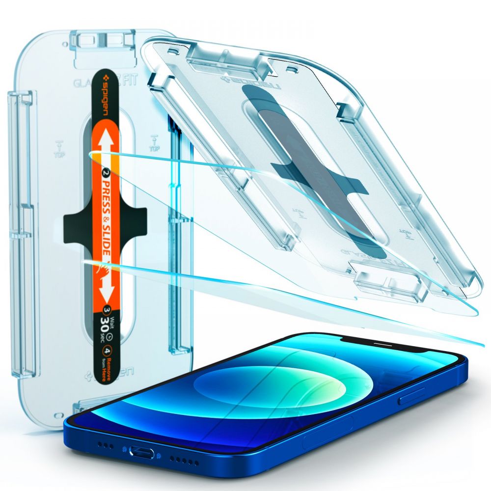 Folie sticla cu sistem de montare Case friendly Spigen GLAS.tR EZ FIT compatibila cu iPhone 12/12 Pro 2-Pack