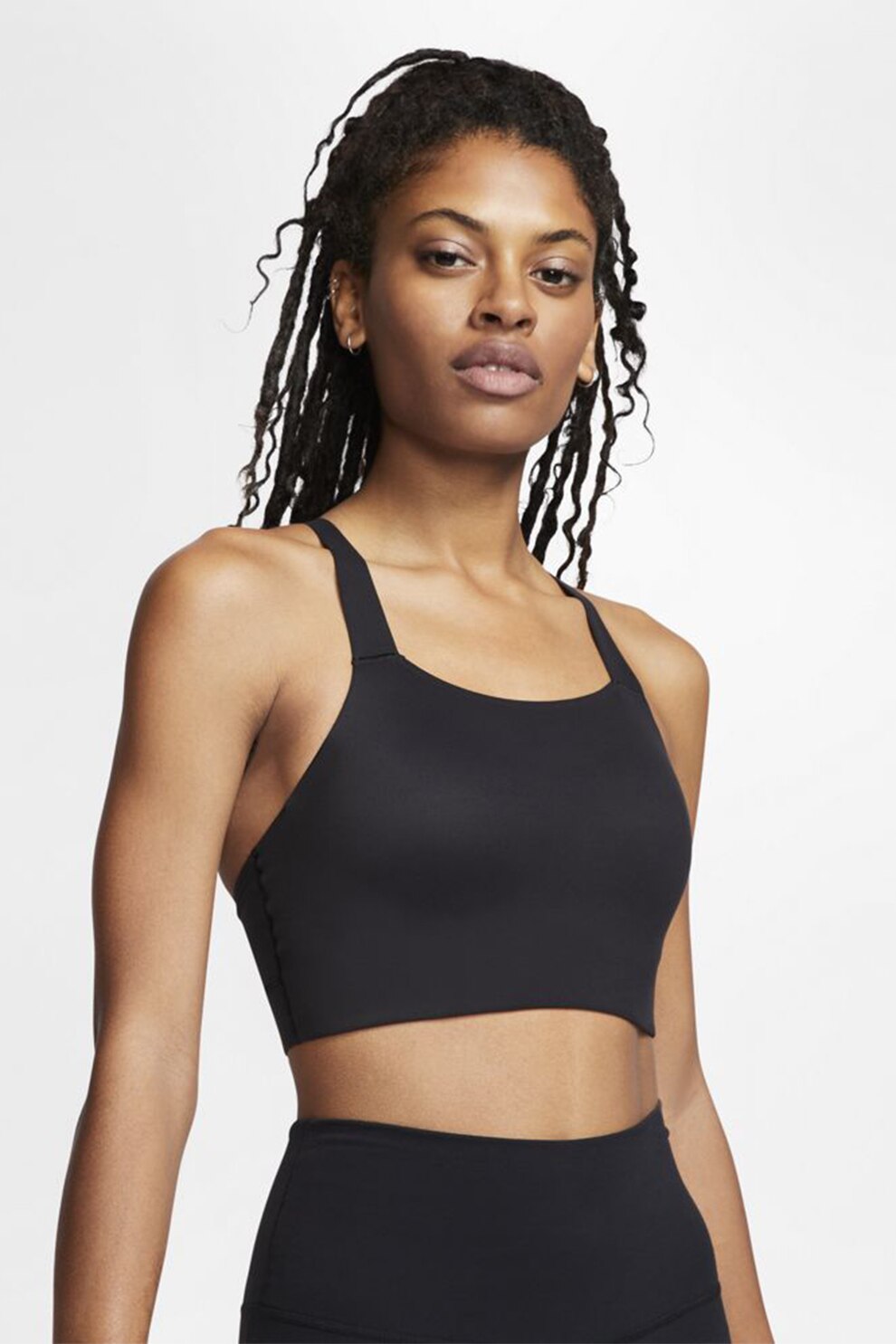 Nike, Bustiera cu bretele incrucisate si tehnologie Dri-FIT, pentru fitness Swoosh Luxe, Negru