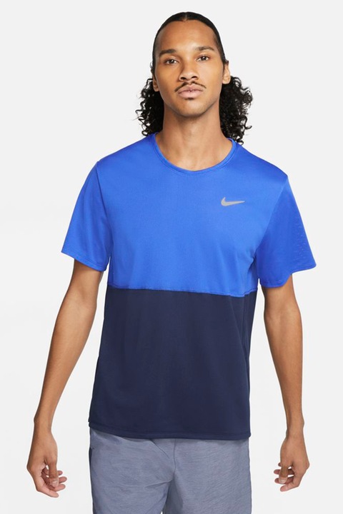 Nike, Tricou cu tehnologie Dri-Fit si decolteu la baza gatului pentru alergare Breathe, Gri/Albastru